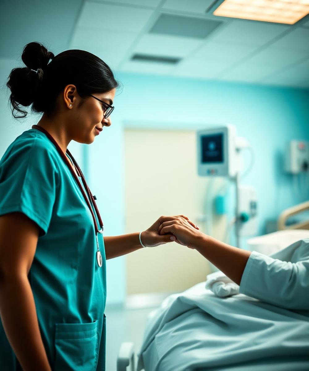 Nurse attending to a patient with warmth and care